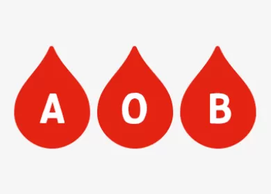 illustration of three red blood droplets with a white letter on each, the first is A second is O and third is B