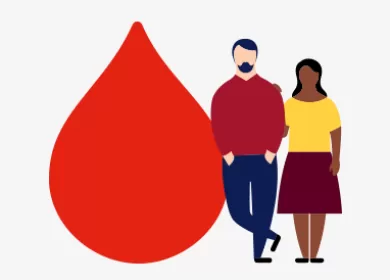 illustration of a large red blood droplet with two people standing next to it