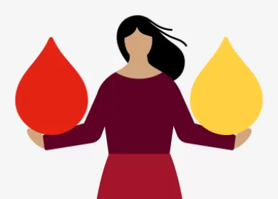 illustration of a woman holding red and yellow droplets in each hand