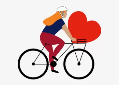 illustration of a woman riding a bicycle with a red cartoon heart in the basket