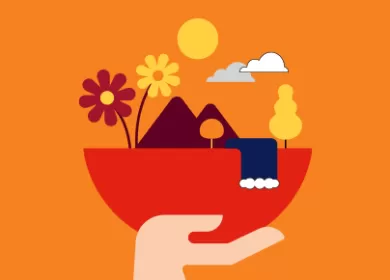 illustration of various environmental features including flowers, mountains, trees, clouds, the sun and a waterfall being held up by a hand