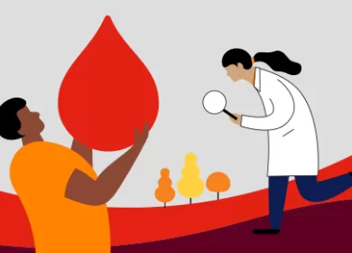 illustration of a person holding up a large red blood droplet and a scientist in a white coat holding a magnifying glass