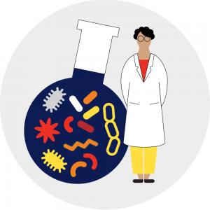 Illustration of a scientist standing to a test tube filled with nasties
